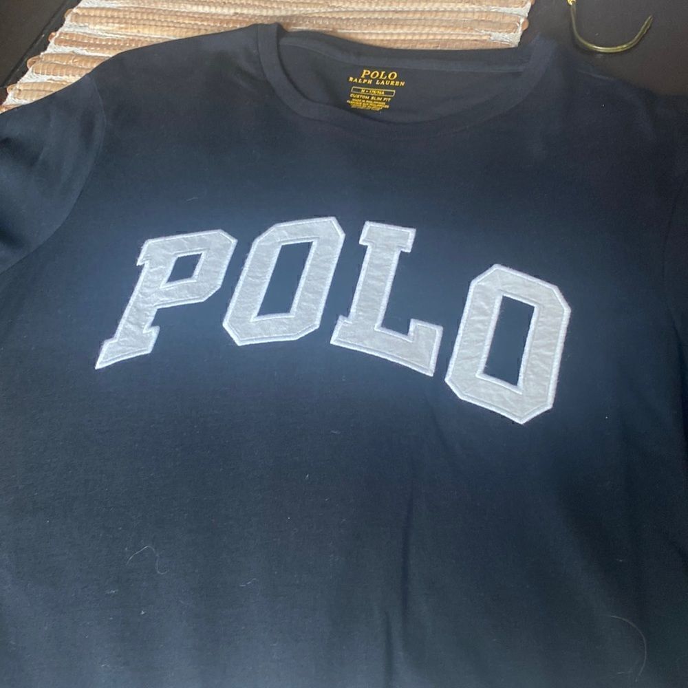 EUC RL Polo black T white logo is flag on sleeve size M